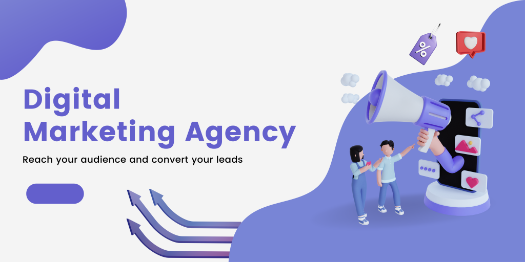 3D illustration of a digital marketing agency promoting audience engagement and lead conversion, with visual elements like a megaphone and social media icons