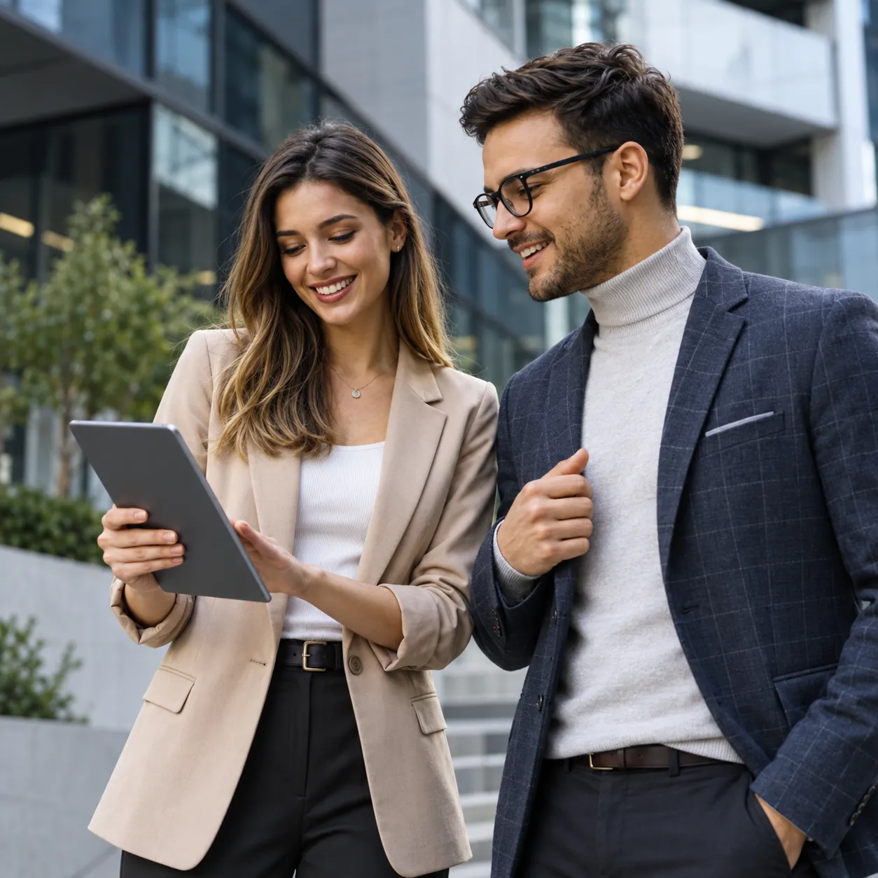 Two business professionals reviewing a tablet